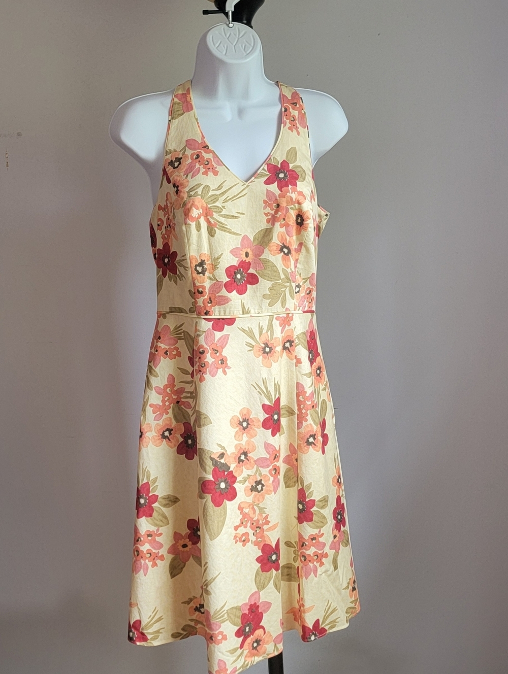 Ann Taylor Loft Sleeveless Tie Back Floral V-Neck Dress in Cream and Pink